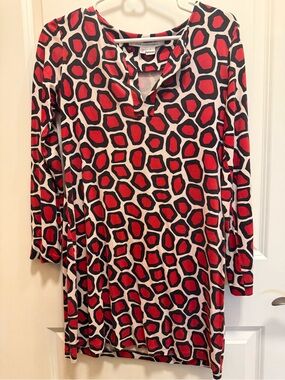Diane Von Furstenberg Red, Black & Cream Geo-Print Long Sleeve Dress
